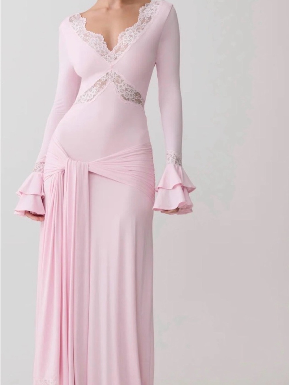 Meshki Pale Pink Lace-Trim Long Sleeve Maxi Dress